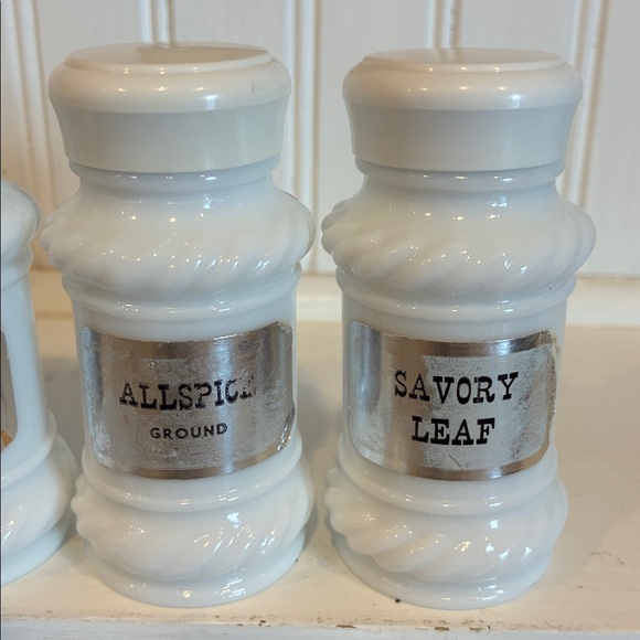 Vintage Milk Glass Spice Jars with Silver Labels, Set of 11. - Picture 7 of 9